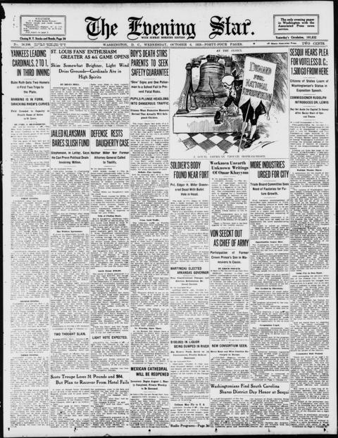 The front page of Evening star, Washington, D.C., 6 October 1926