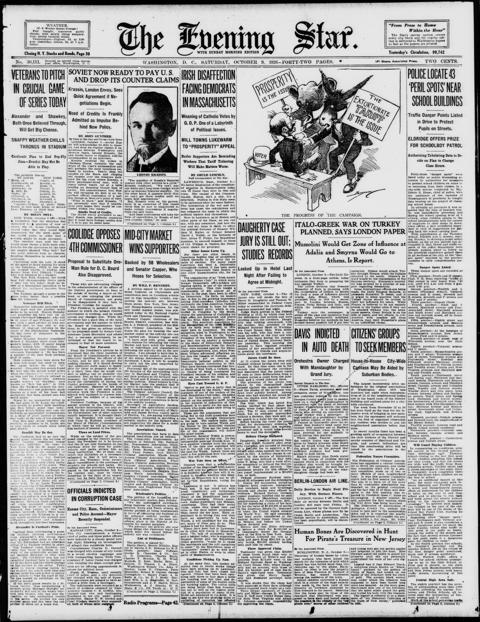 The front page of Evening star, Washington, D.C., October 9, 1926