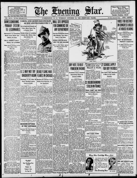 The front page of Evening star, Washington, D.C., October 12, 1926