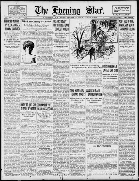 The front page of Evening star, Washington, D.C., October 15, 1926