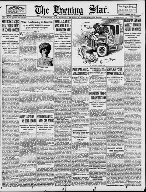 The front page of Evening star, Washington, D.C., October 16, 1926