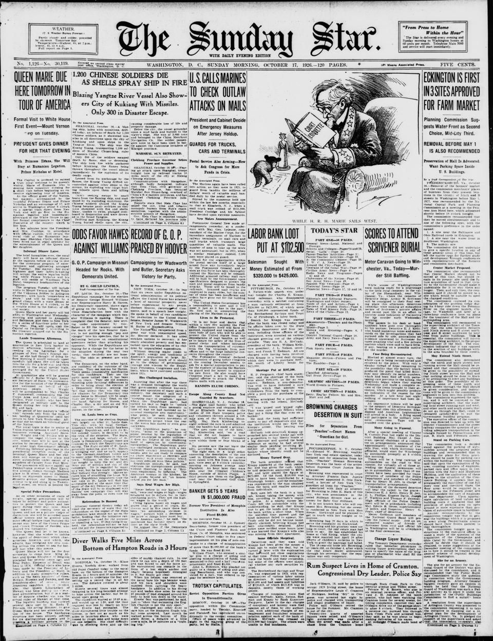 The front page of Evening star, Washington, D.C., October 17, 1926