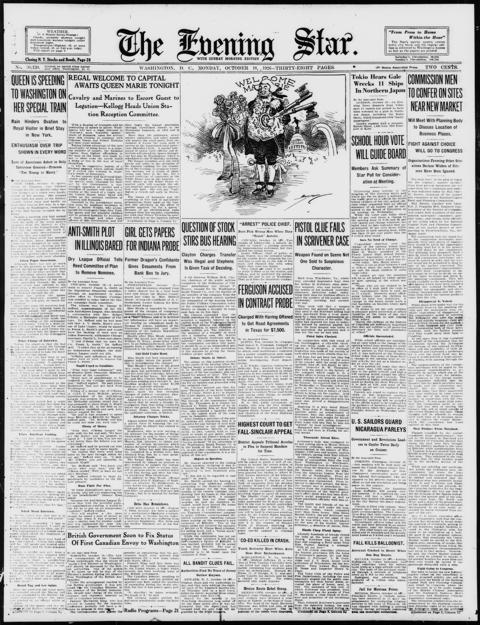 The front page of Evening star, Washington, D.C., October 18, 1926
