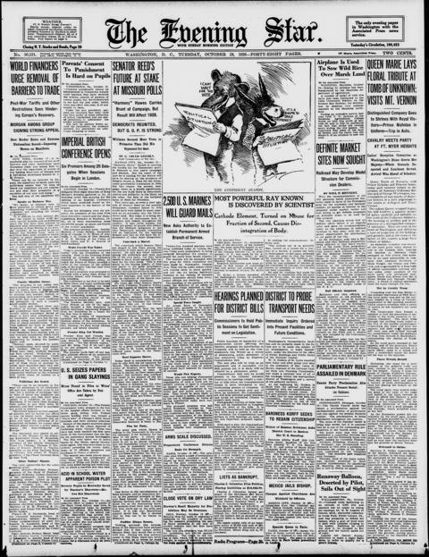 The front page of Evening star, Washington, D.C., October 19, 1926