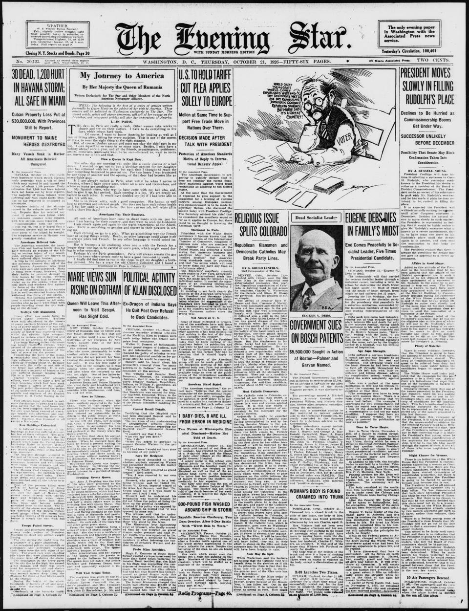 The front page of Evening star, Washington, D.C., October 21, 1926