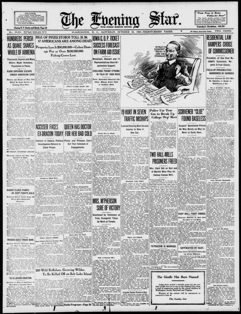 The front page of Evening star, Washington, D.C., October 23, 1926