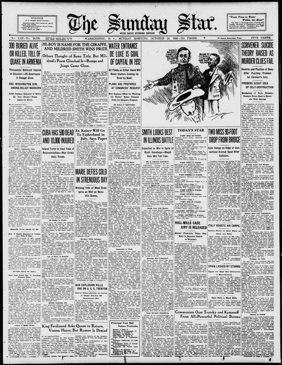 The front page of Evening star, Washington, D.C., October 24, 1926