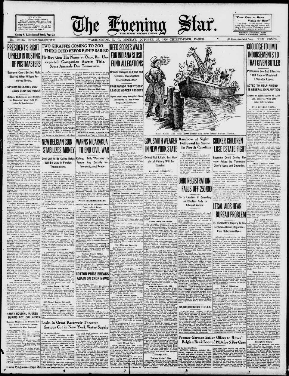 The front page of Evening star, Washington, D.C., October 25, 1926