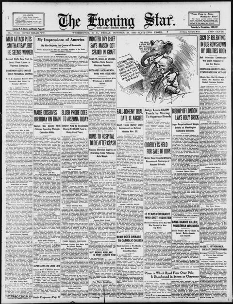 The front page of Evening star, Washington, D.C., October 29, 1926