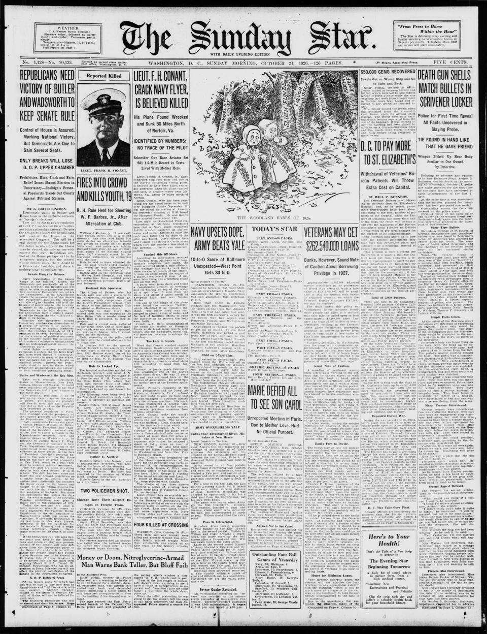 The front page of Evening star, Washington, D.C., October 31, 1926