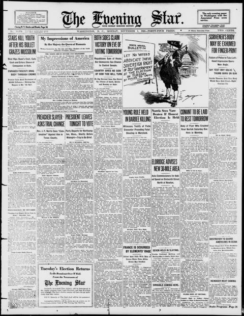 The front page of Evening star, Washington, D.C., November 1, 1926