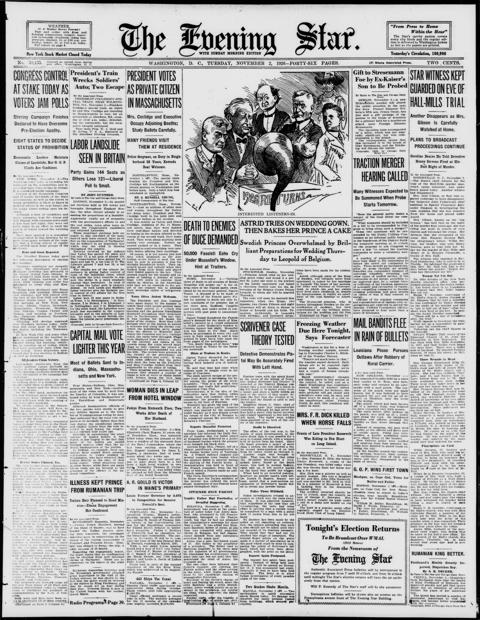 The front page of Evening star, Washington, D.C., November 2, 1926