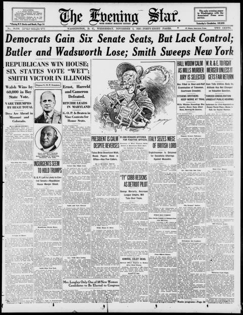 The front page of Evening star, Washington, D.C., November 3, 1926