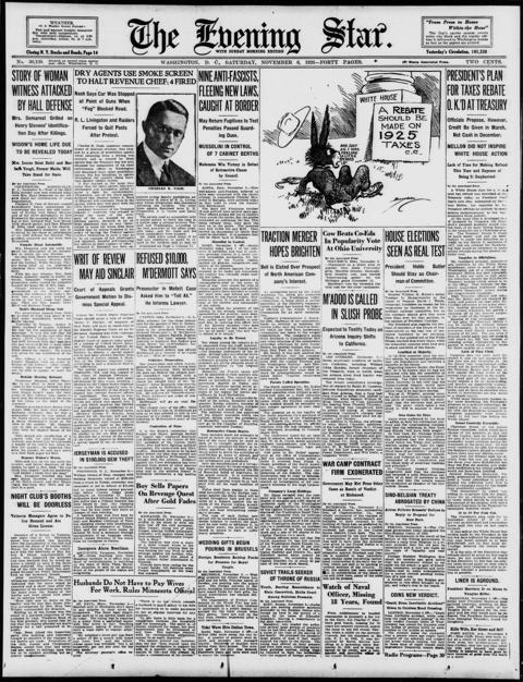The front page of Evening star, Washington, D.C., November 6, 1926