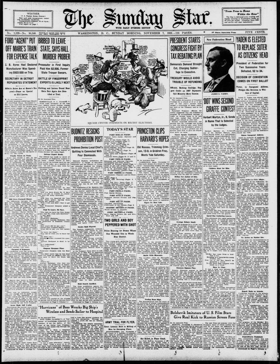 The front page of Evening star, Washington, D.C., November 7, 1926