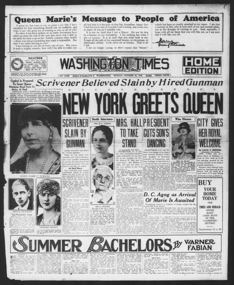 The front page of The Washington times, Washington [D.C.], October 18, 1926