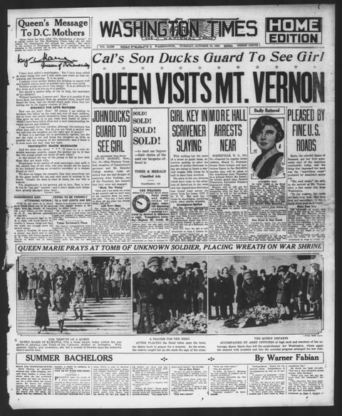 The front page of The Washington times, Washington [D.C.], October 19, 1926