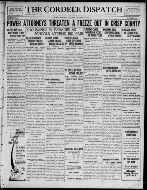 The front page of The Cordele dispatch, Cordele, Georgia, October 31, 1926