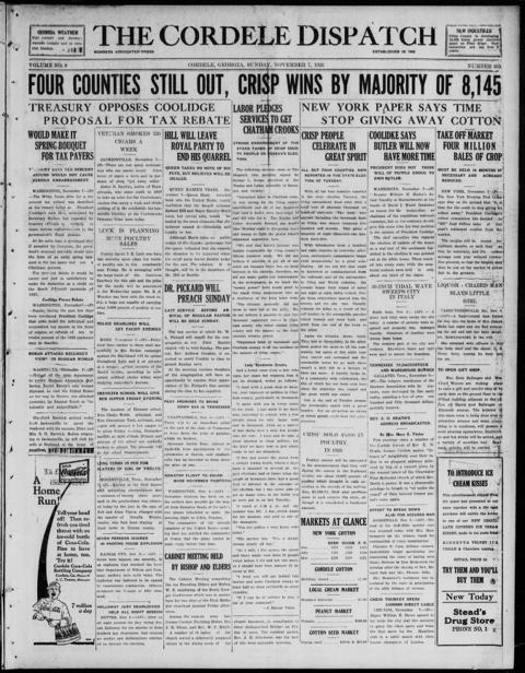 The front page of The Cordele dispatch, Cordele, Georgia, November 7, 1926
