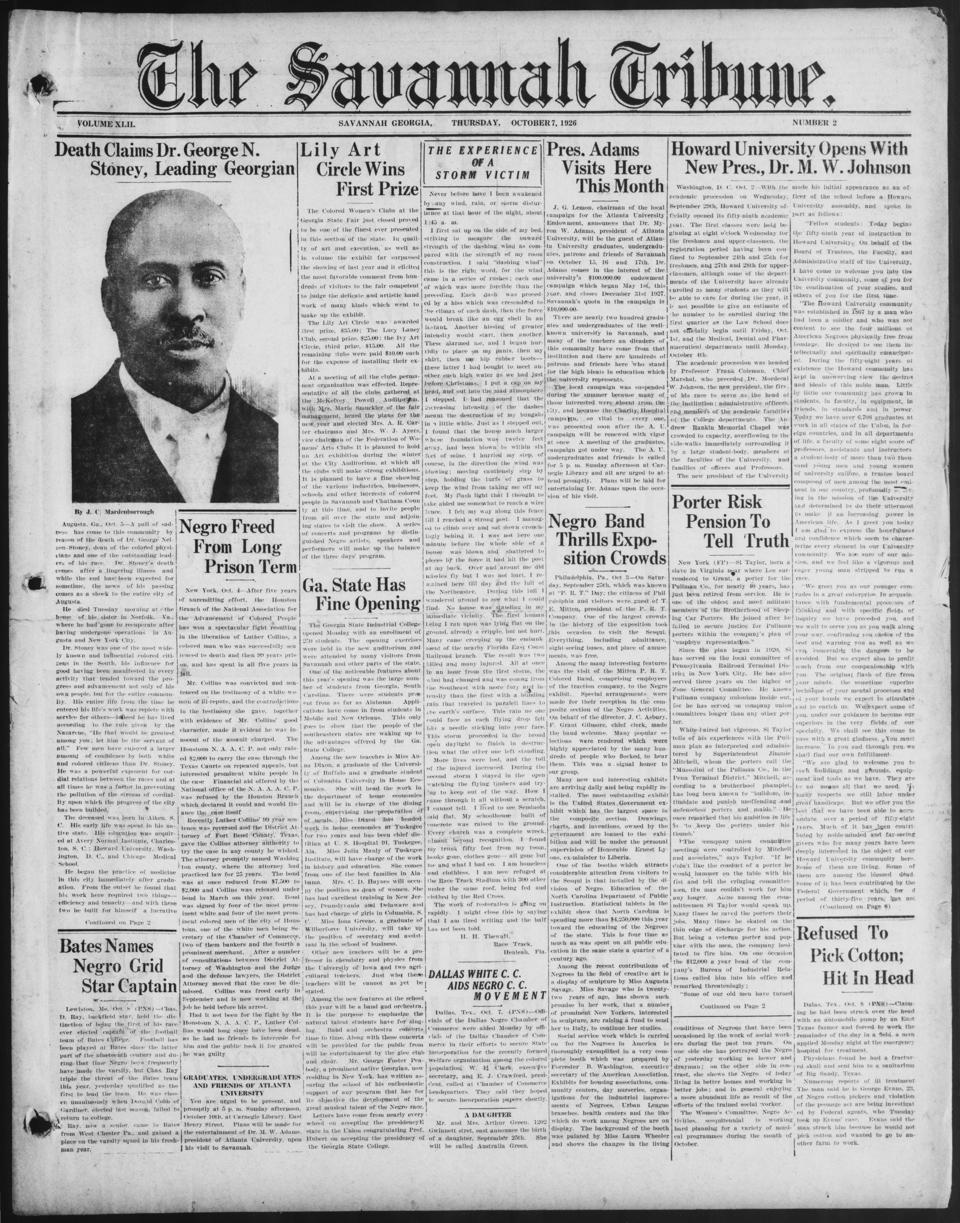 The front page of The Savannah tribune, Savannah [Ga.];Savannah, Ga., October 7, 1926
