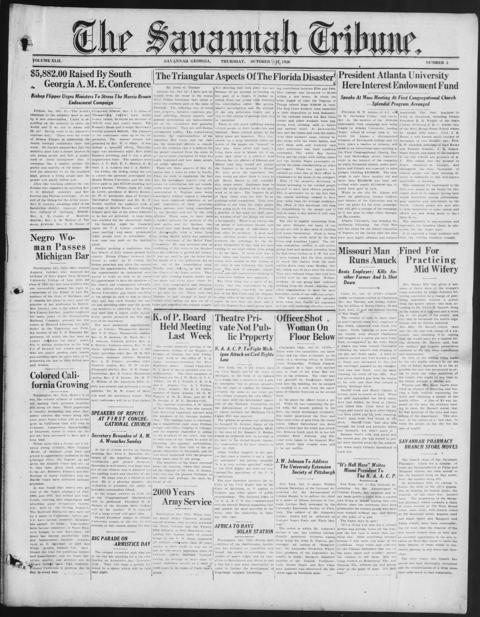 The front page of The Savannah tribune, Savannah [Ga.];Savannah, Ga., October 14, 1926
