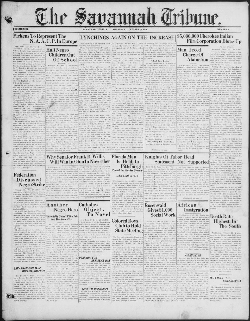 The front page of The Savannah tribune, Savannah [Ga.];Savannah, Ga., October 28, 1926