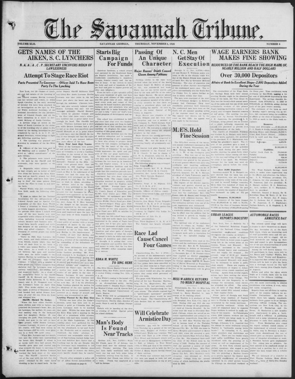 The front page of The Savannah tribune, Savannah [Ga.];Savannah, Ga., November 4, 1926