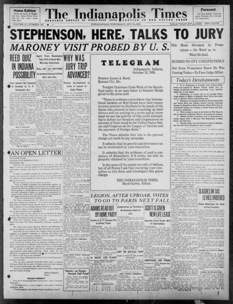 The front page of The Indianapolis times, Indianapolis [Ind.], October 13, 1926