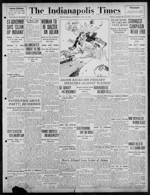 The front page of The Indianapolis times, Indianapolis [Ind.], October 30, 1926