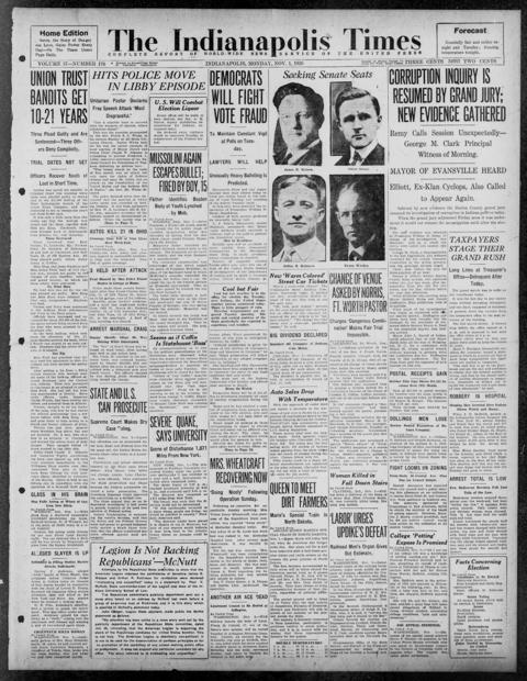 The front page of The Indianapolis times, Indianapolis [Ind.], November 1, 1926