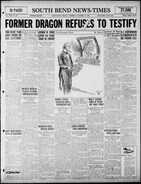 The front page of South Bend news-times, South Bend, Ind., October 14, 1926
