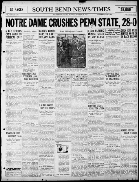 The front page of South Bend news-times, South Bend, Ind., October 17, 1926