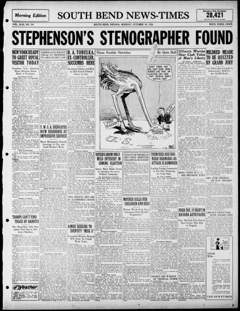 The front page of South Bend news-times, South Bend, Ind., October 18, 1926