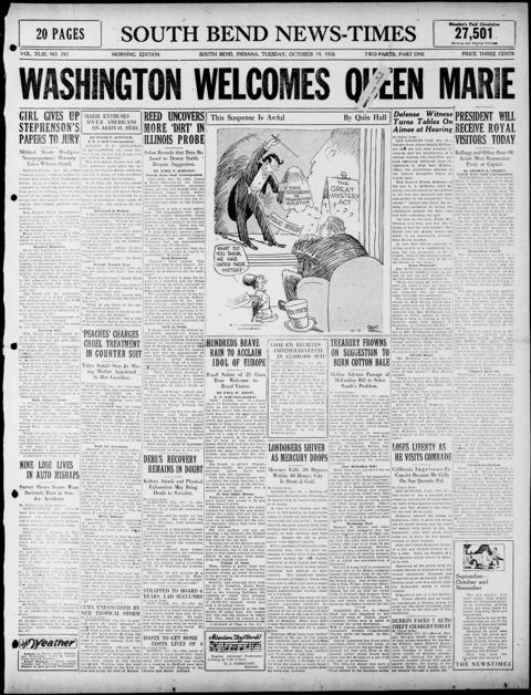 The front page of South Bend news-times, South Bend, Ind., October 19, 1926