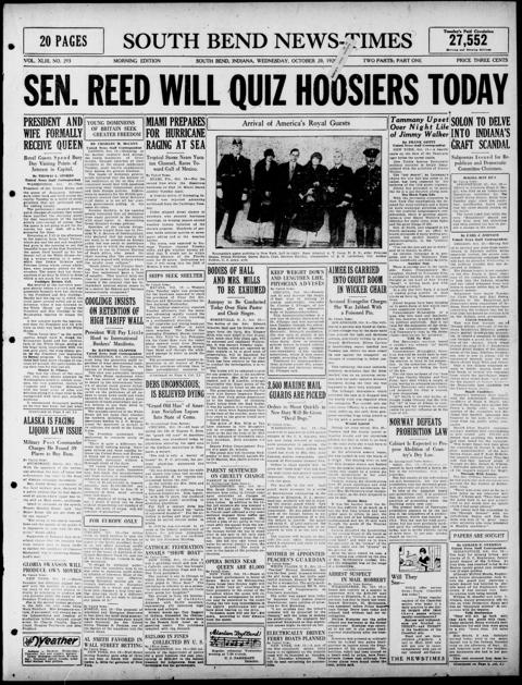 The front page of South Bend news-times, South Bend, Ind., October 20, 1926