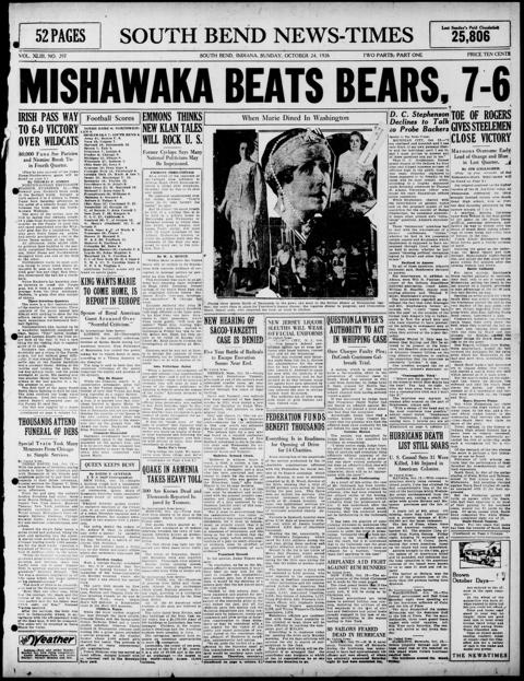 The front page of South Bend news-times, South Bend, Ind., October 24, 1926