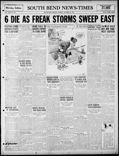 The front page of South Bend news-times, South Bend, Ind., October 26, 1926