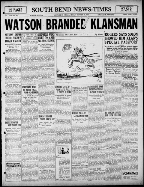 The front page of South Bend news-times, South Bend, Ind., October 29, 1926