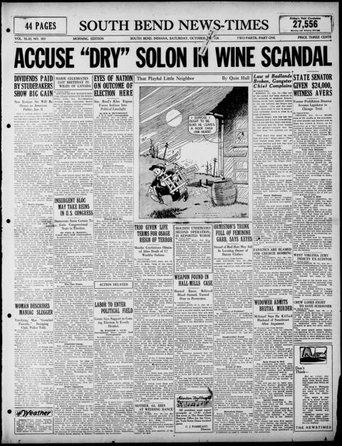 The front page of South Bend news-times, South Bend, Ind., October 30, 1926
