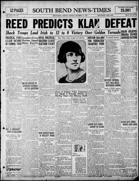 The front page of South Bend news-times, South Bend, Ind., October 31, 1926
