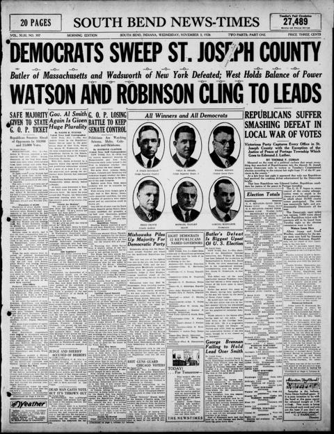 The front page of South Bend news-times, South Bend, Ind., November 3, 1926