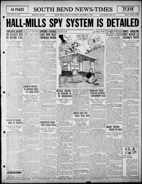 The front page of South Bend news-times, South Bend, Ind., November 6, 1926