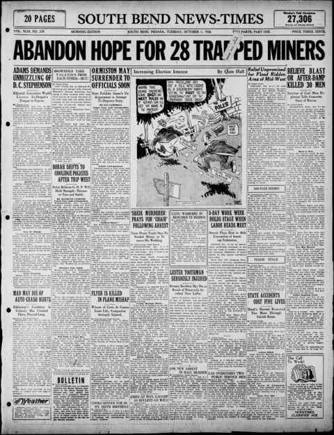 The front page of South Bend news-times, South Bend, Ind., October 5, 1926