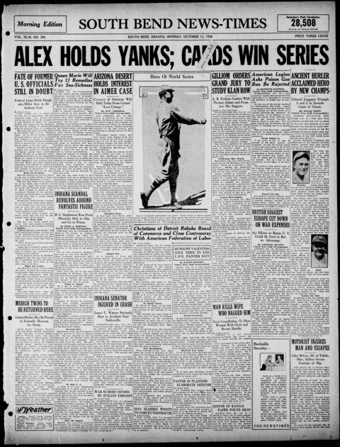 The front page of South Bend news-times, South Bend, Ind., October 11, 1926
