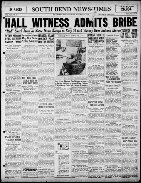 The front page of South Bend news-times, South Bend, Ind., November 7, 1926