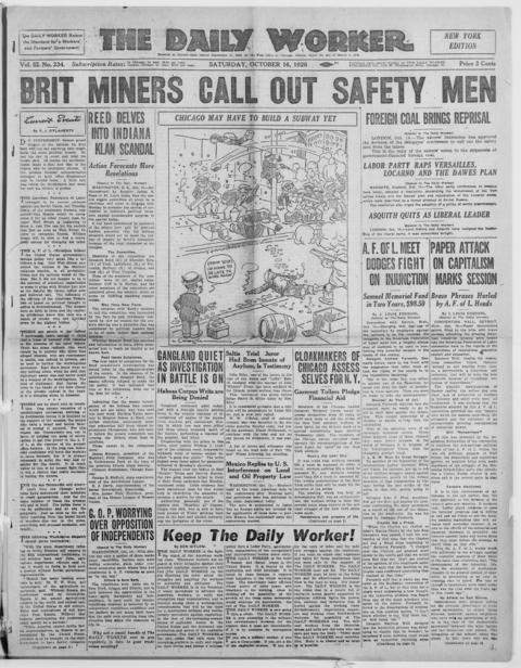 The front page of The daily worker, Chicago, Ill.;New York, N.Y., October 16, 1926
