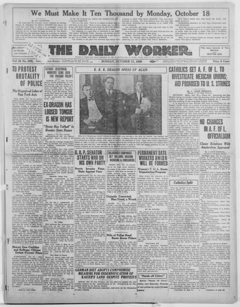 The front page of The daily worker, Chicago, Ill.;New York, N.Y., October 17, 1926