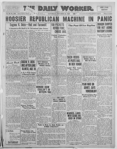 The front page of The daily worker, Chicago, Ill.;New York, N.Y., October 23, 1926