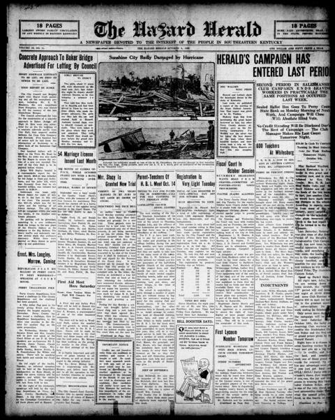 The front page of The Hazard herald, Hazard, Ky., October 8, 1926