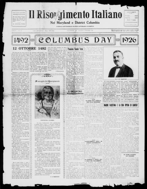 The front page of Il risorgimento italiano nel Maryland, Baltimore, Md., October 9, 1926